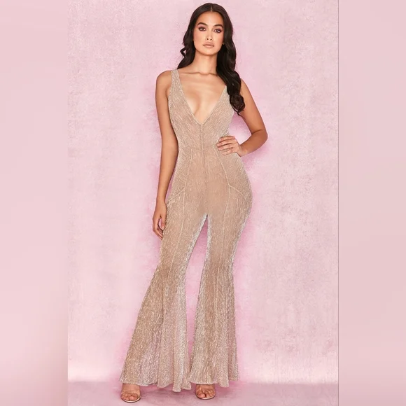 House of CB 'Fallon' champagne lurex kick flare jumpsuit - Picture 2 of 9